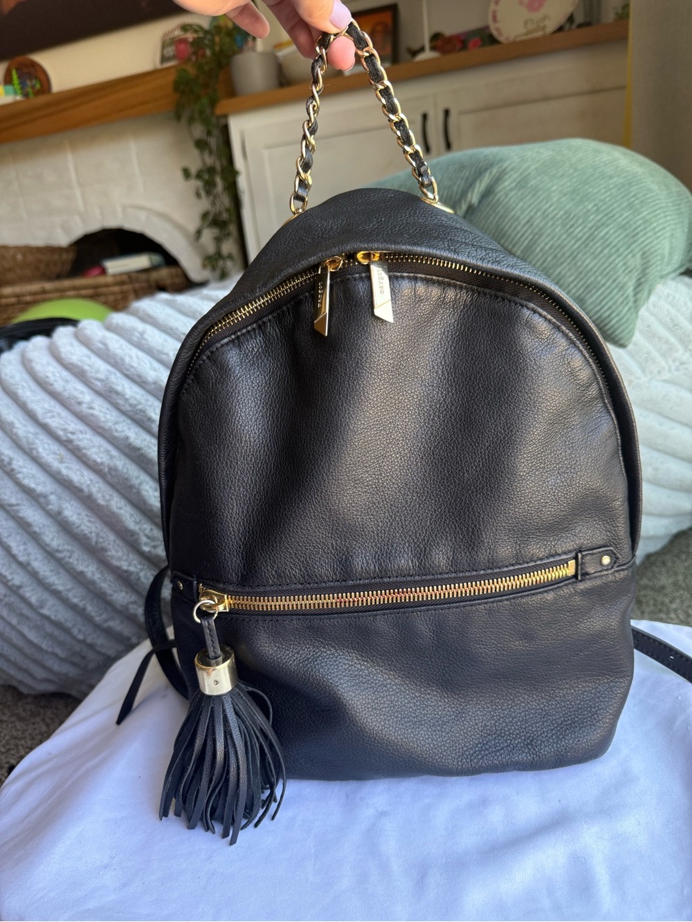 margot Black Leather Backpack with Tassel and Gold Chain Handle
